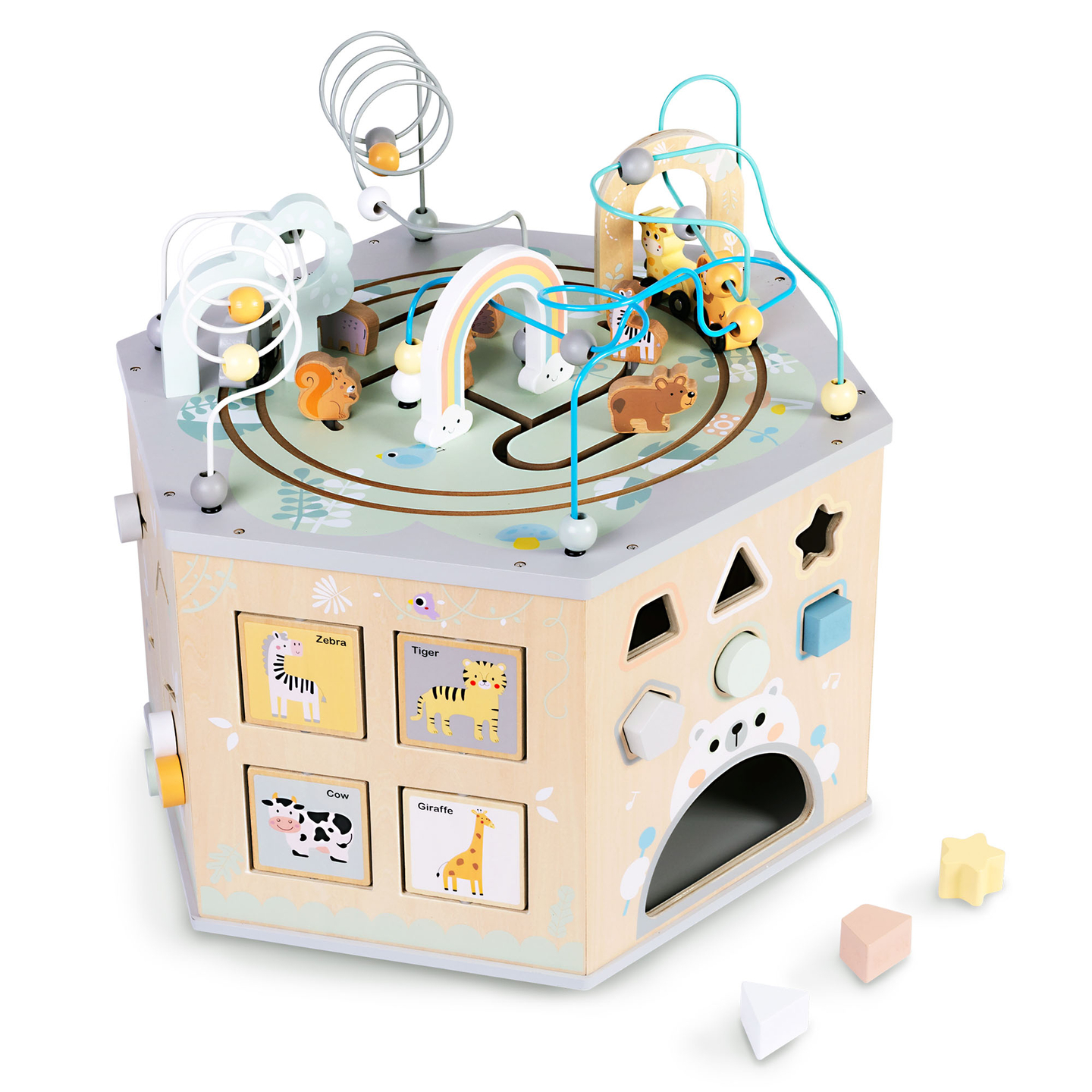 Cub educațional mare din lemn - o jucărie Montessori cu trenuleț magnetic și bucle motorii