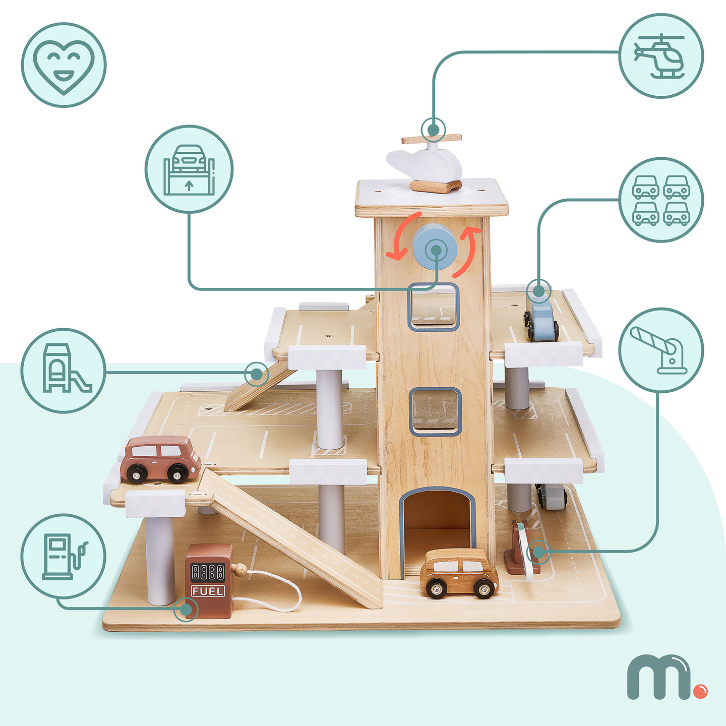 Parcare din lemn pe trei etaje cu lift - garaj cu mașini și elicopter