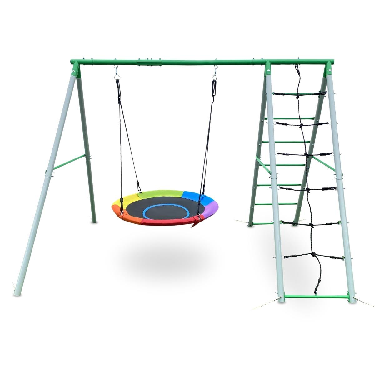 Loc de joaca de gradina XL pentru copii cu leagan cu cuib de barza, scara si plasa de catarare