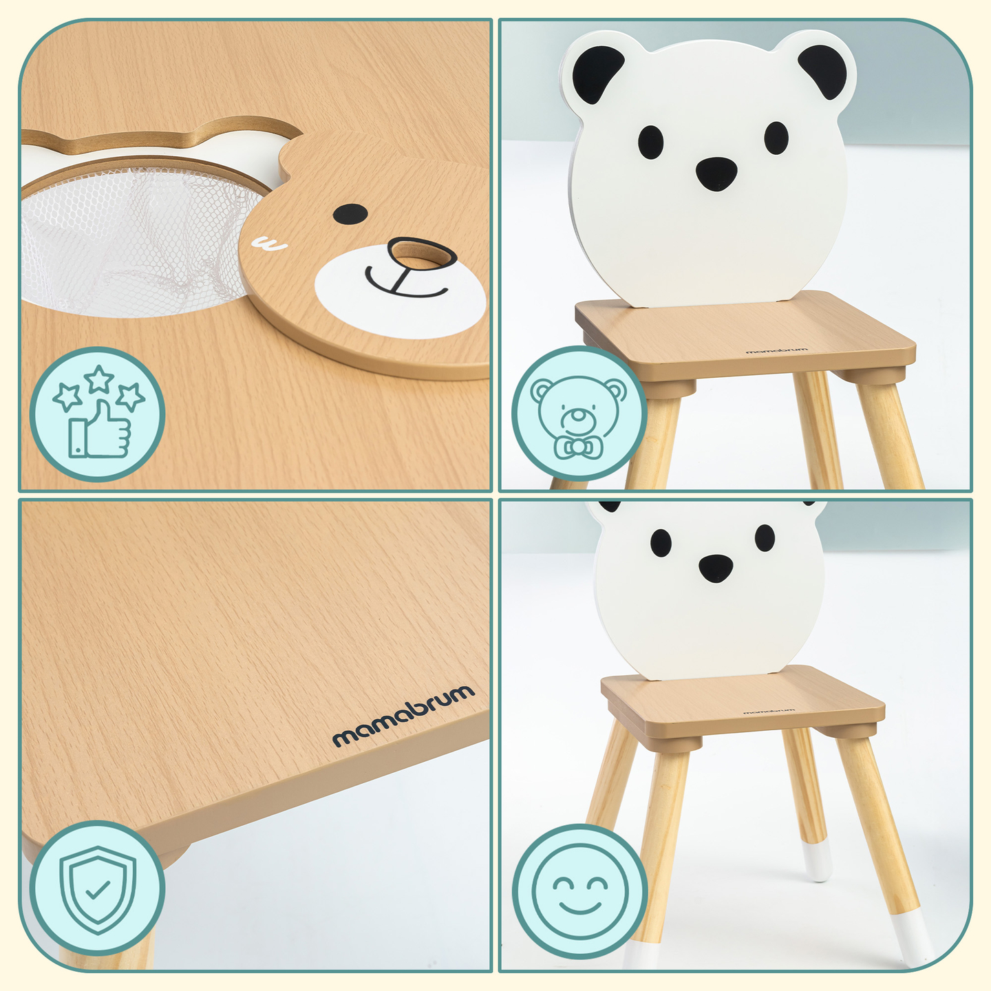Masă din lemn cu depozitare și 2 scaune Set pentru copii - Ursuleț de pluș drăguț