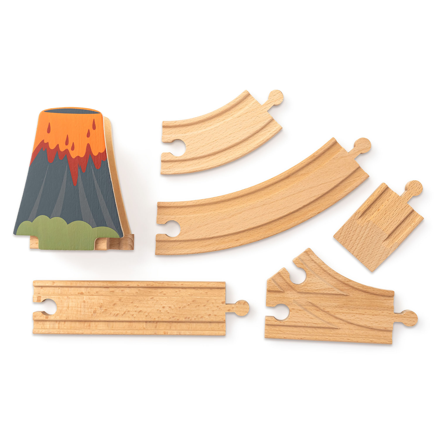 Trenuleț din lemn Dino Park cu covoraș antiderapant - dinozauri, tren, șine, vulcan, clopot