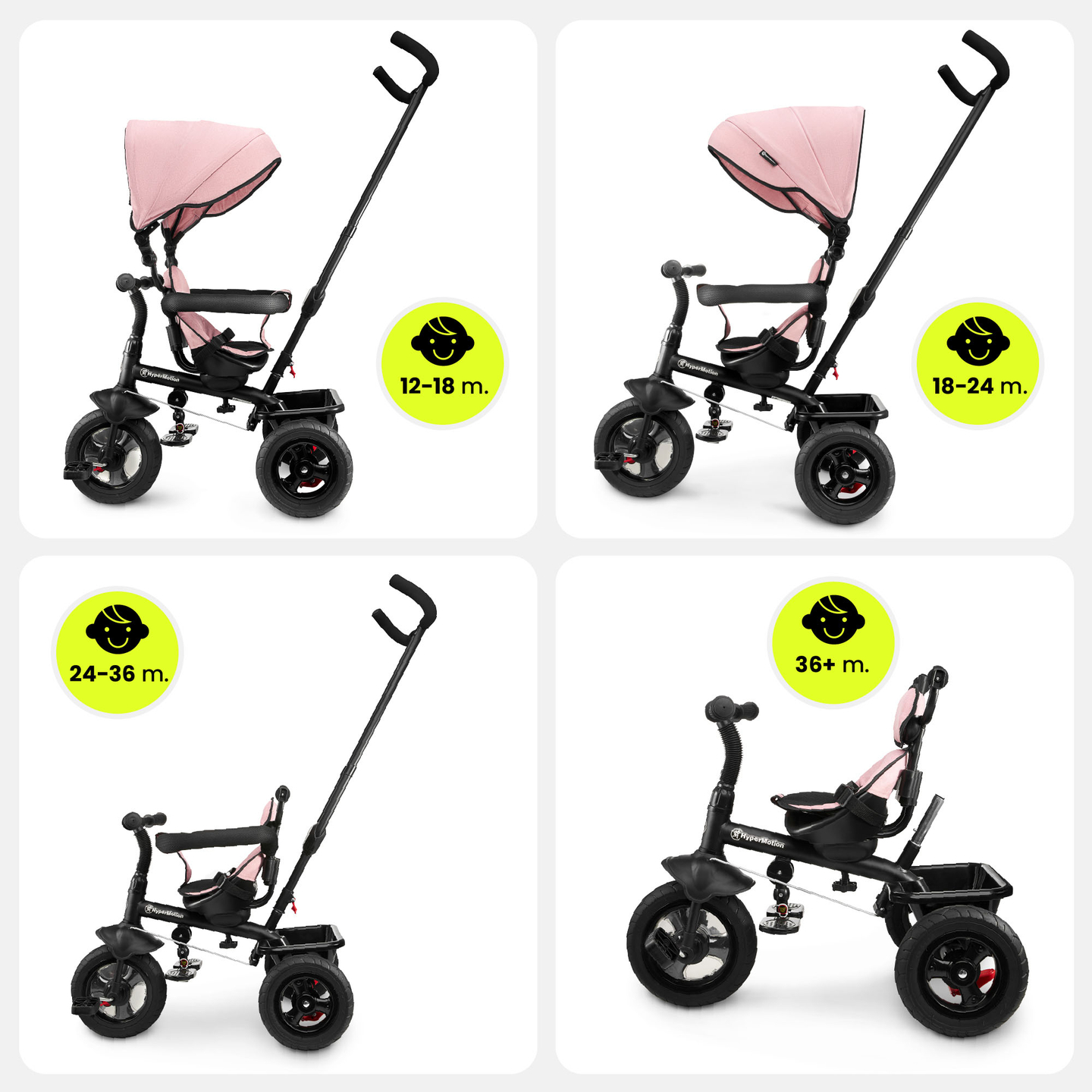 Tricicletă pentru copii 1-4 ani - TOBI FREY - culoare roz - roți pivotante - roți cu pompă + împingător