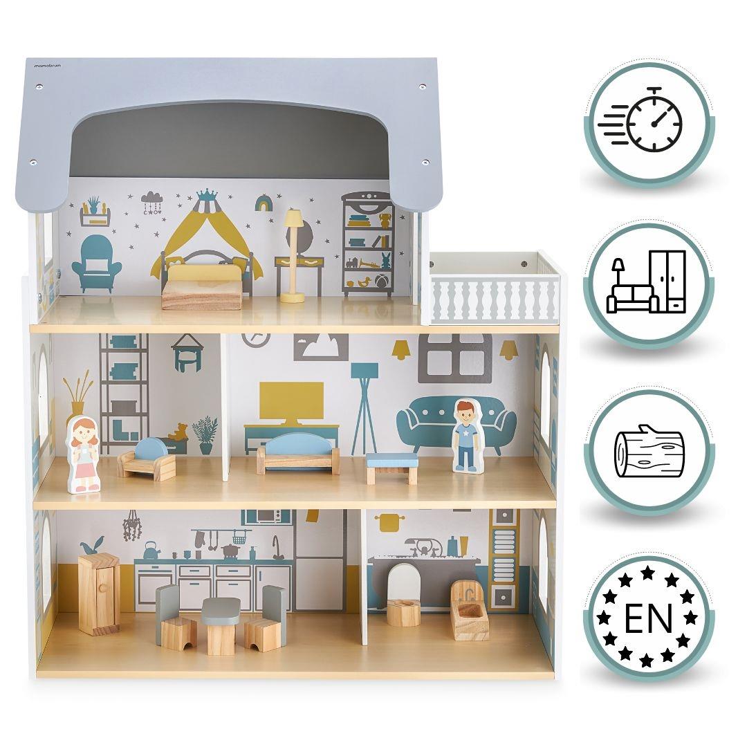 Casă albă din lemn pentru păpuși cu terasă și accesorii