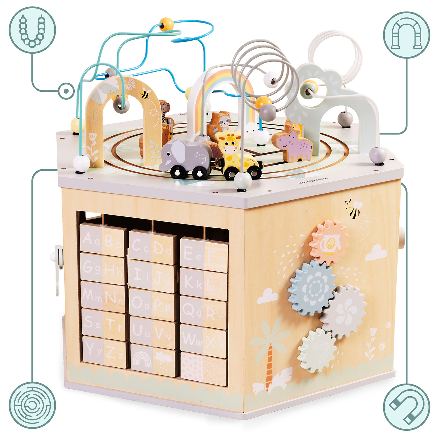 Cub educațional mare din lemn - o jucărie Montessori cu trenuleț magnetic și bucle motorii