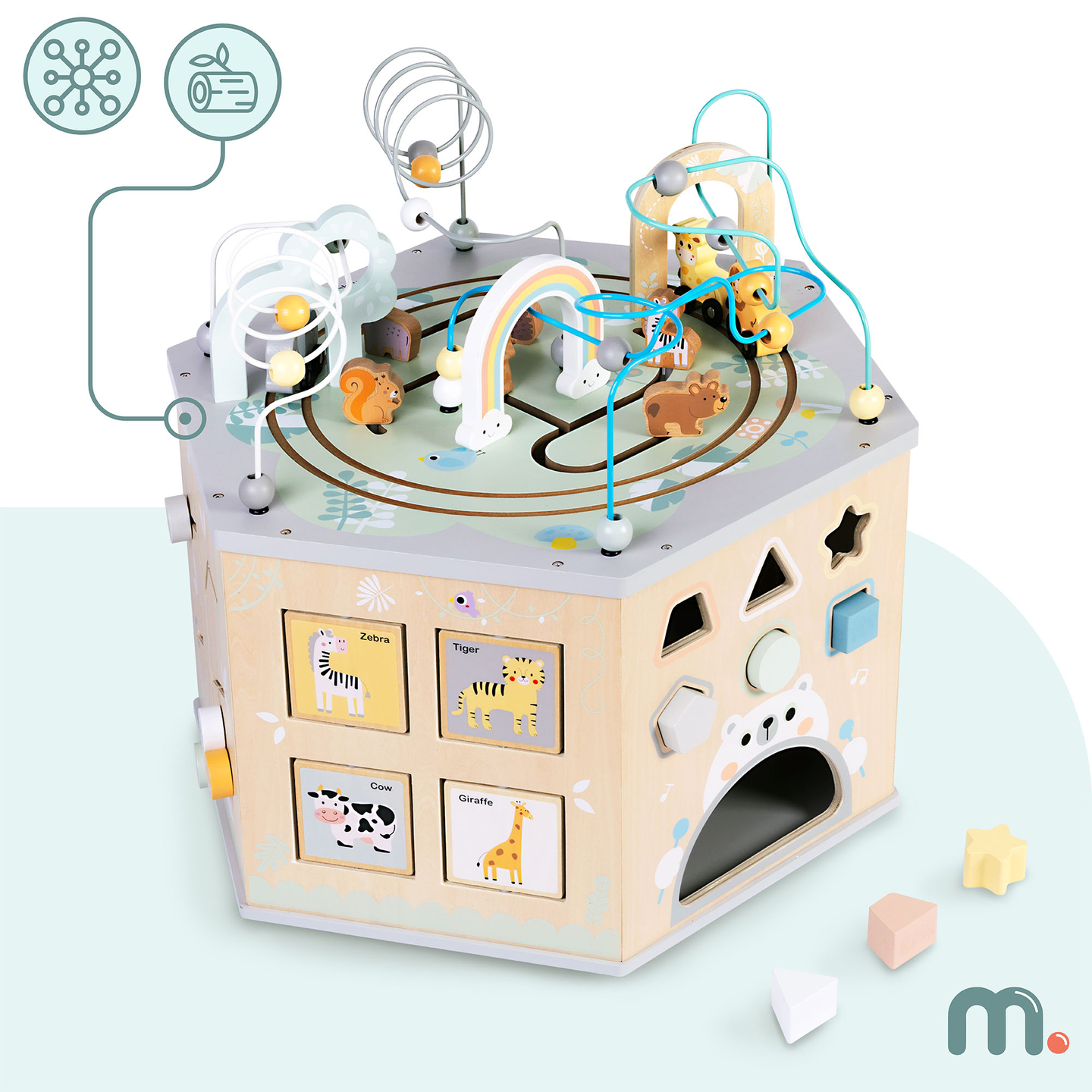 Cub educațional mare din lemn - o jucărie Montessori cu trenuleț magnetic și bucle motorii