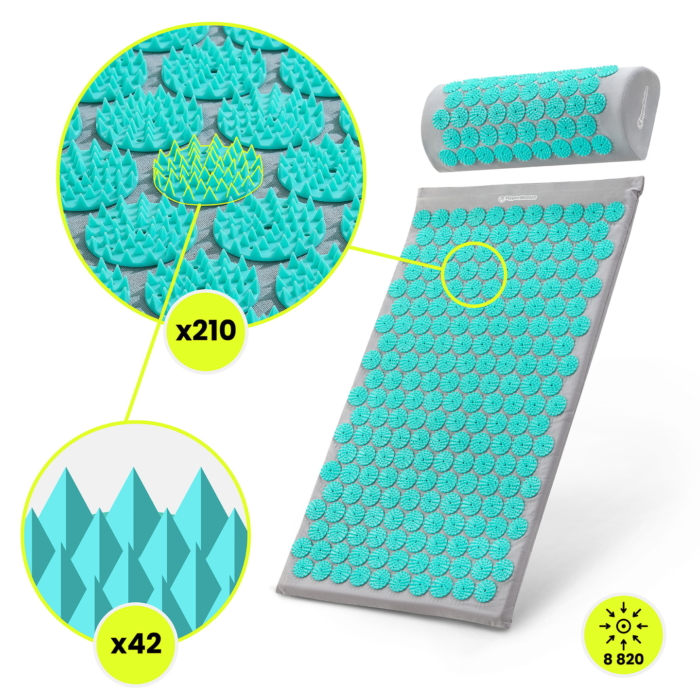 Saltea de presopunctură cu pernă și husă - 72 cm HyperMotion gri-mentă