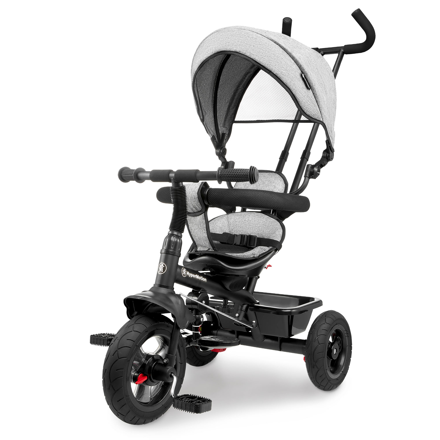Tricicletă pentru copii 1-4 ani - TOBI FREY - culoare gri - roți pivotante - roți cu pompă + împingător