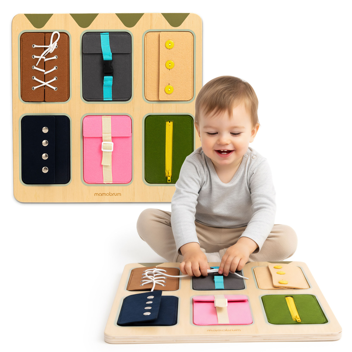 Tablă manipulativă Montessori din lemn – Învățarea senzorială a independenței - șireturi, catarame, nasturi, capse, fermoar