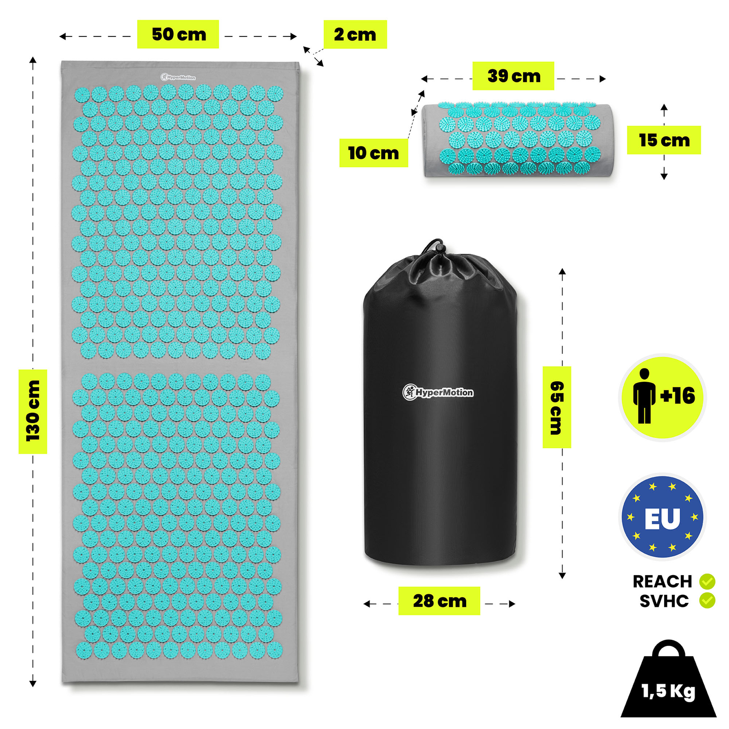 Saltea mare de presopunctură cu pernă și husă - 130 cm HyperMotion gri-mentă