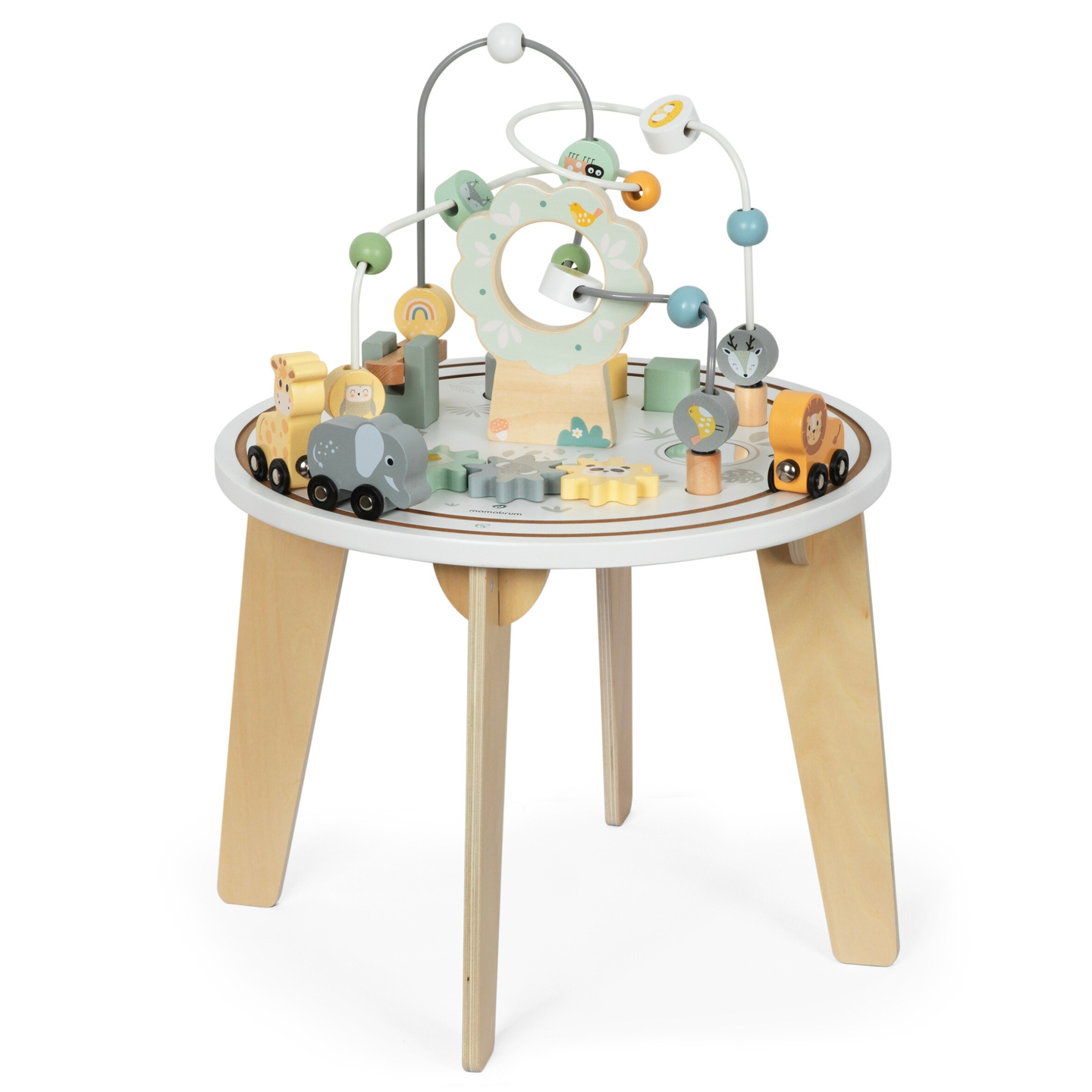 Masă educațională rotundă din lemn cu tren magnetic și lansator de mărgele