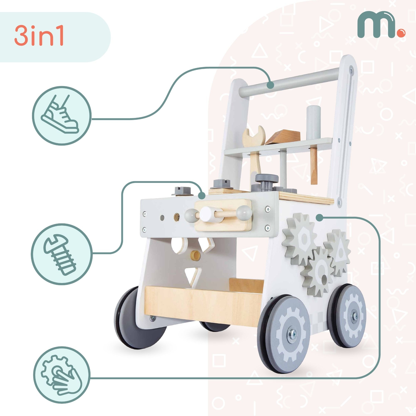 3 în 1: umblător din lemn, împingător + atelier - 47 de elemente