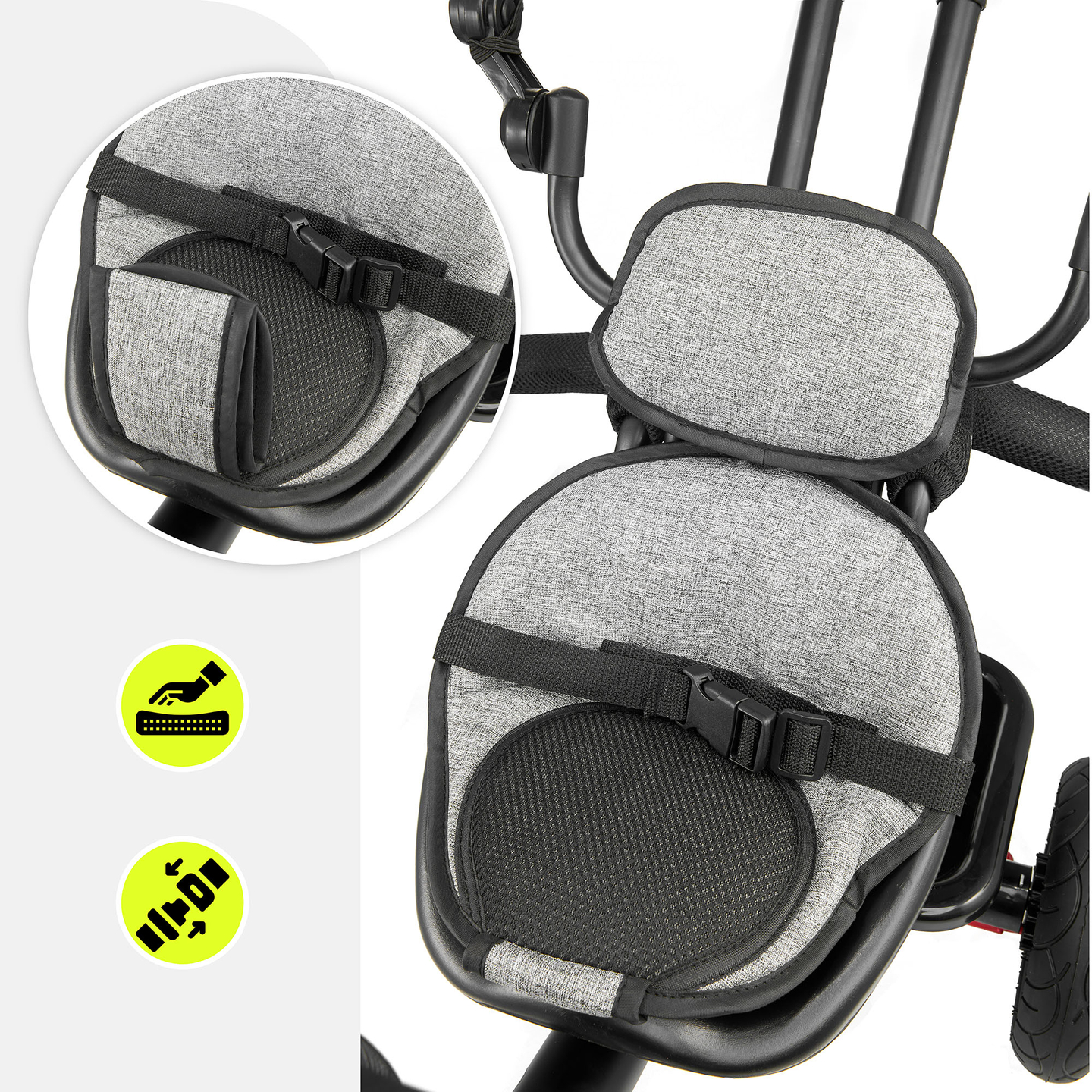 Tricicletă pentru copii 1-4 ani - TOBI FREY - culoare gri - roți pivotante - roți cu pompă + împingător