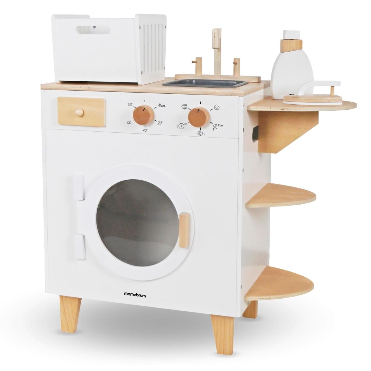 Mașină de spălat din lemn cu fier de călcat, coș și lichid de spălat