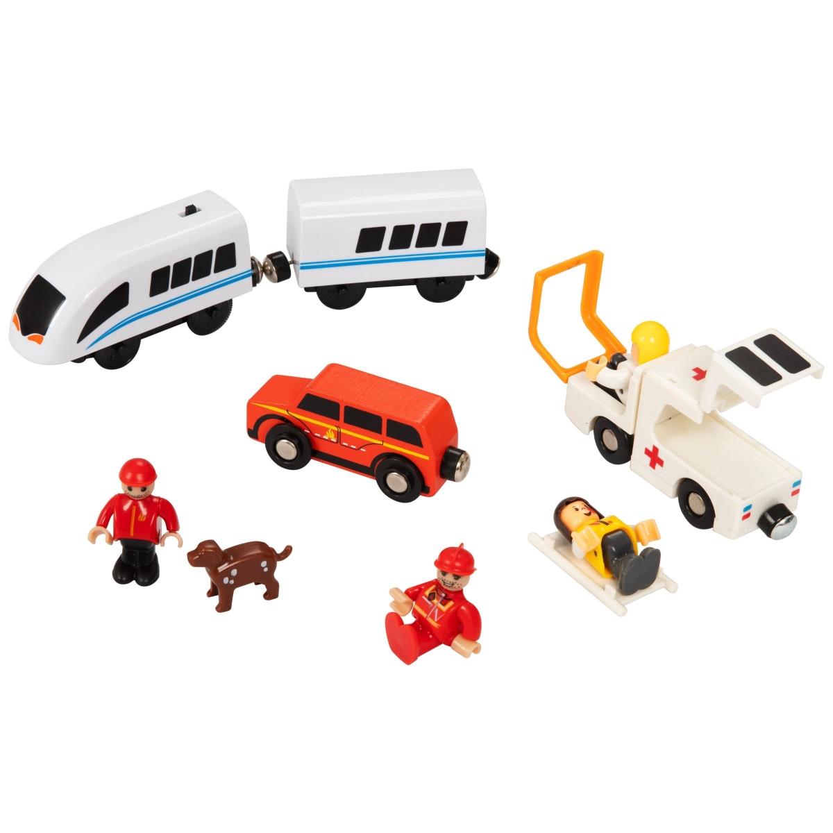 Tren din lemn, tren alimentat cu baterii - Pompieri, șine, vagoane, poduri, barieră