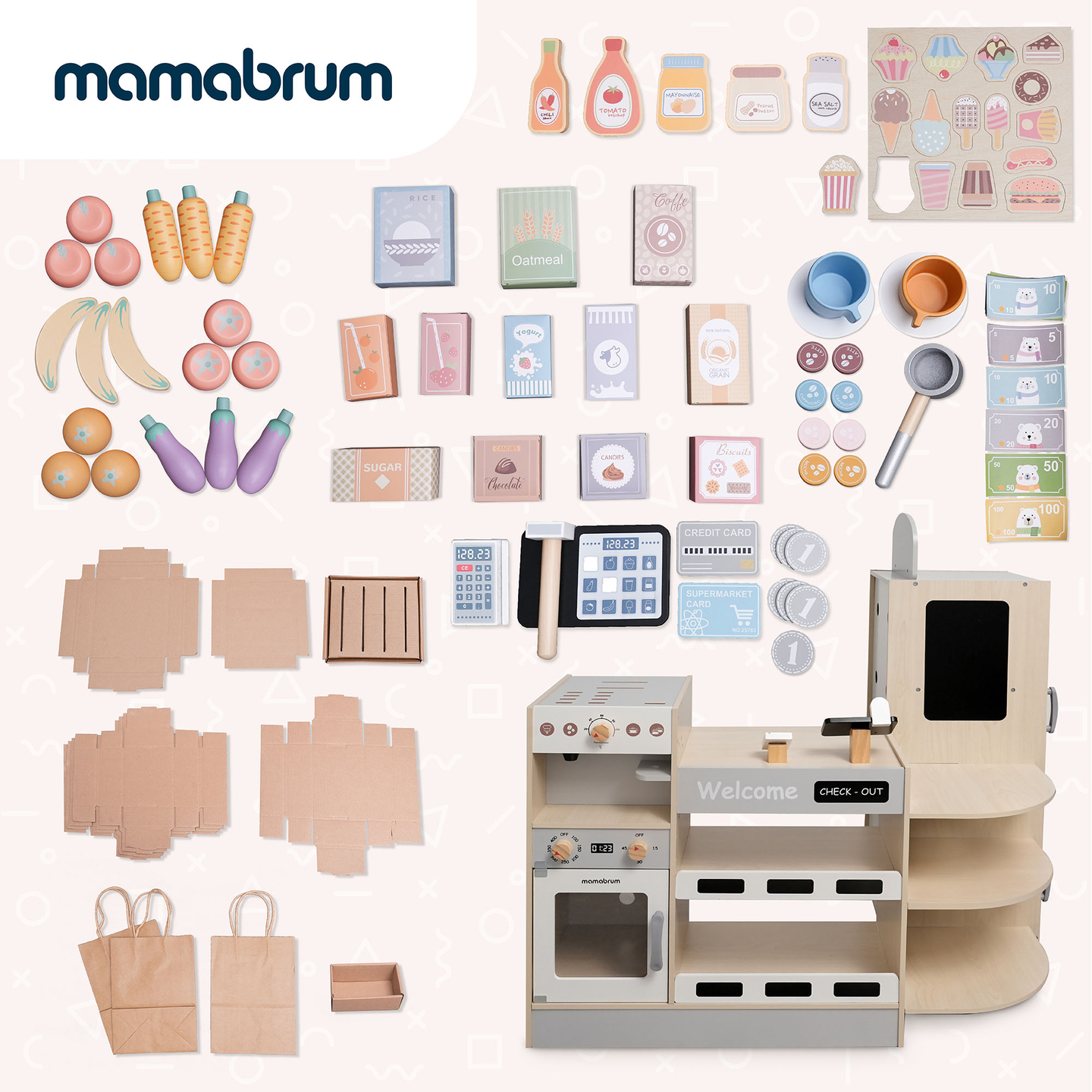 Magazin mare XXXL din lemn pentru copii cu bar fast food - Corner shop + Mașină de cafea + Cuptor + Frigider - 106 ac.