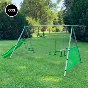 Loc de joaca de gradina XXXL pentru copii cu leagan, tobogan, trapez de gimnastica, coș de baschet și poartă de fotbal