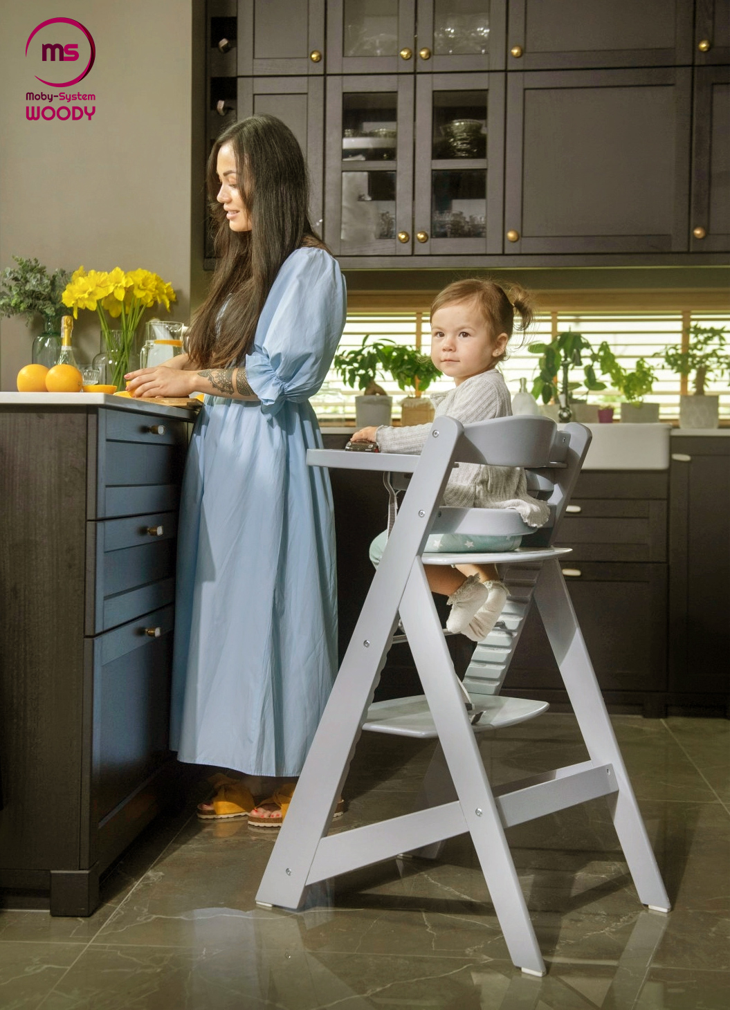 Scaun de hrănire din lemn Moby-System WOODY - culoare gri