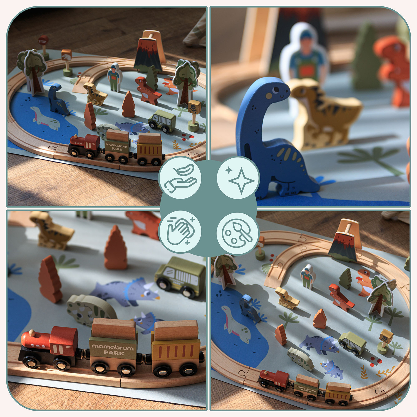 Trenuleț din lemn Dino Park cu covoraș antiderapant - dinozauri, tren, șine, vulcan, clopot