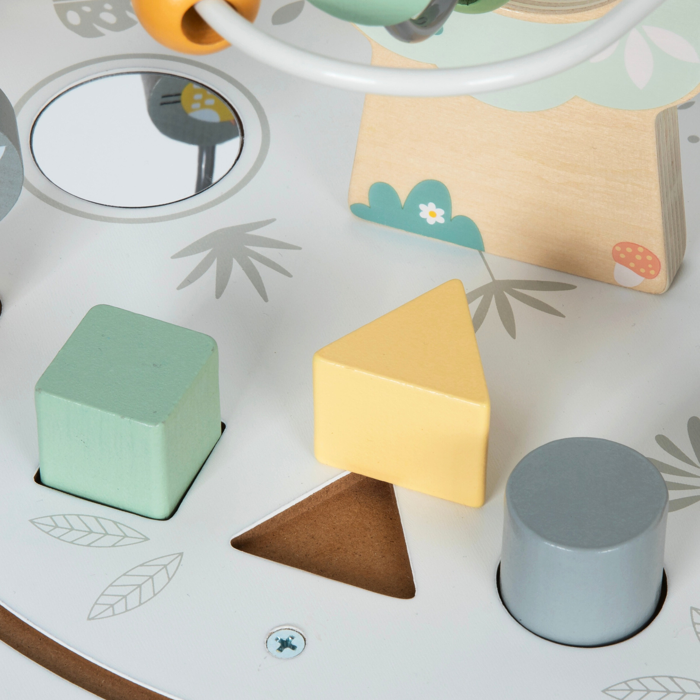 Masă educațională rotundă din lemn cu tren magnetic și lansator de mărgele