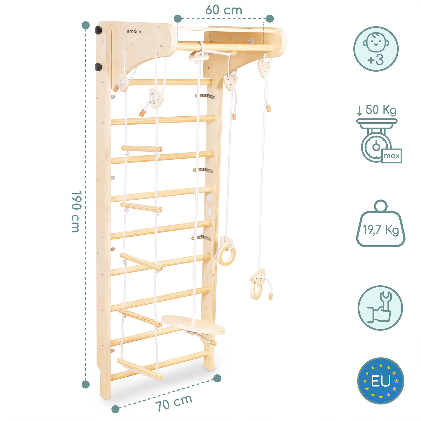 Scară de gimnastică din lemn pentru copii cu accesorii - un leagăn cu placă, inele de gimnastică și o scară din frânghie