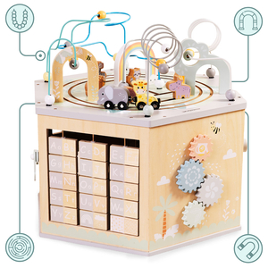 Cub educațional mare din lemn - o jucărie Montessori cu trenuleț magnetic și bucle motorii