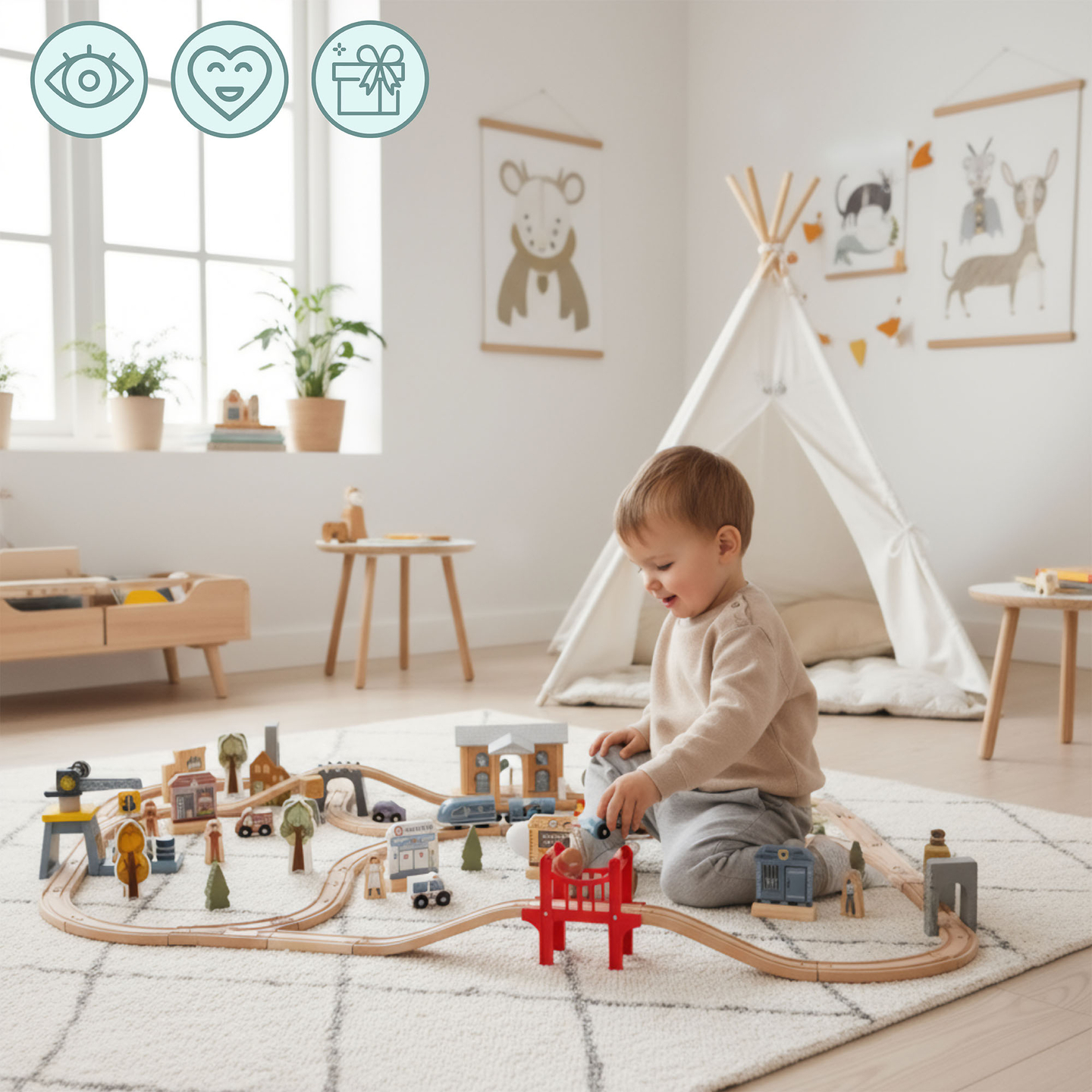 Cale ferată urbană din lemn cu tren electric - macara în mișcare, navă, poduri