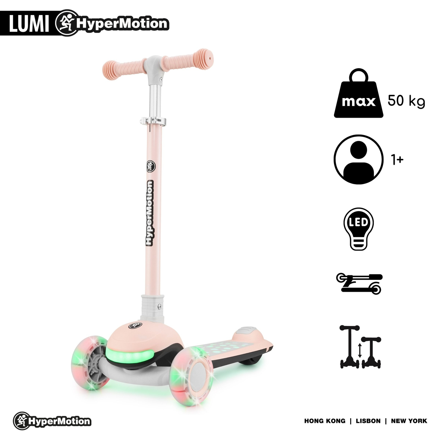 HyperMotion LUMI 3-in-1 scuter de echilibru - platformă iluminată și roți LED, culoare roz