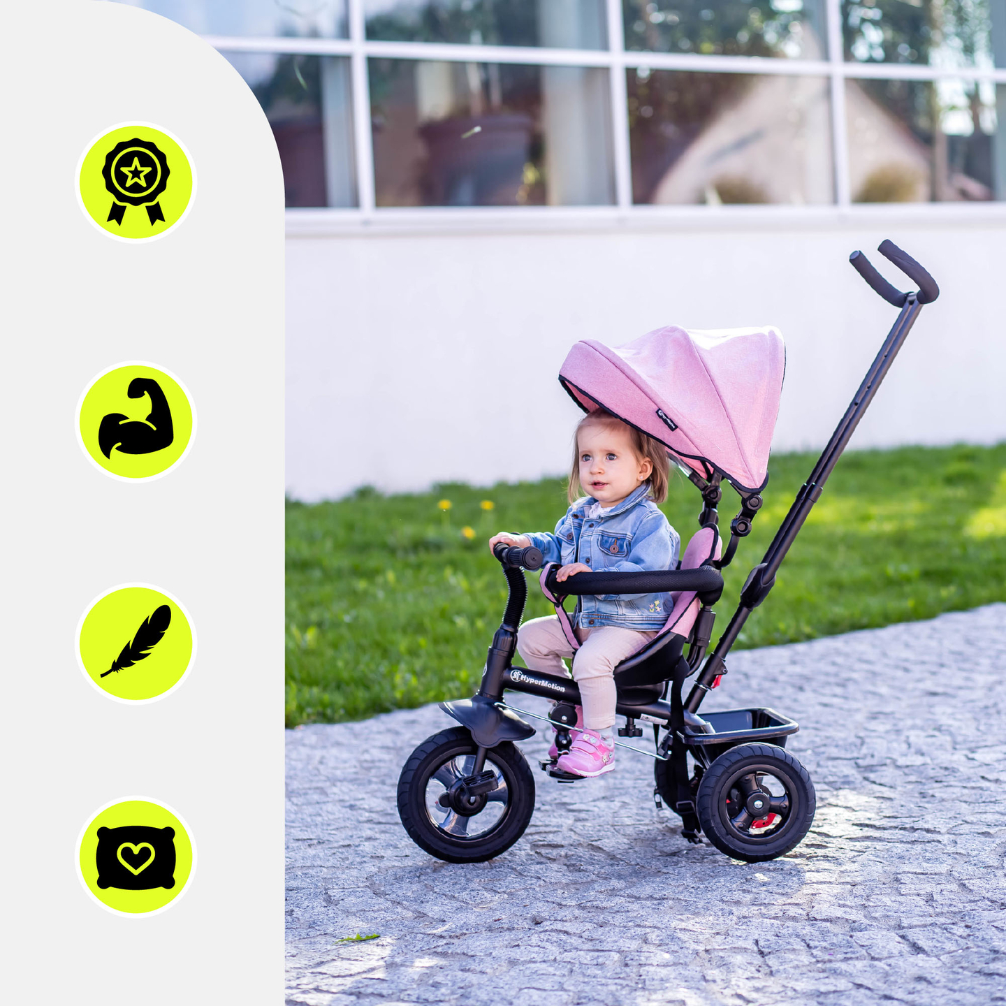 Tricicletă pentru copii 1-4 ani - TOBI FREY - culoare roz - roți pivotante - roți cu pompă + împingător