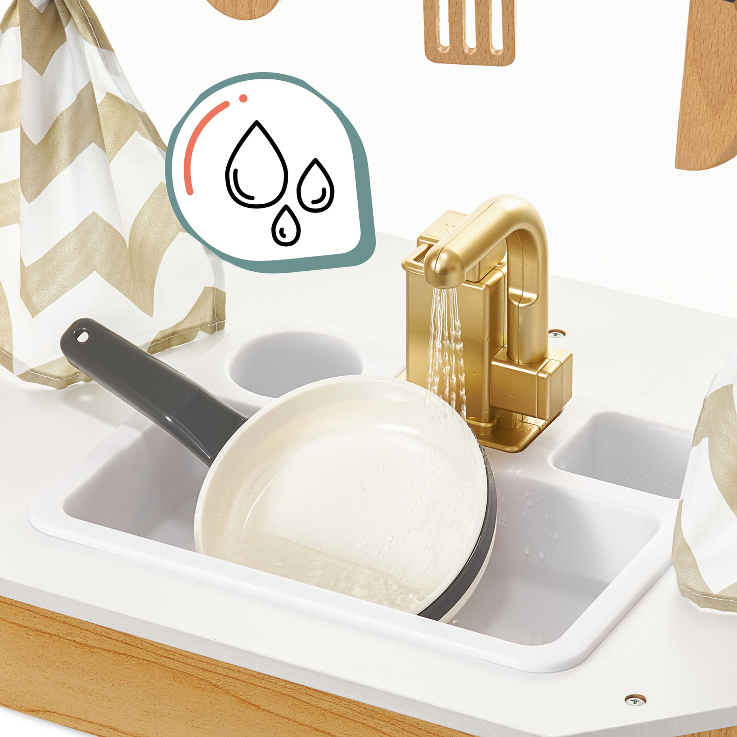 XXXXL bucătărie interactivă mare din lemn cu iluminare LED, mașină de spălat, mașină de cafea cu microunde și set de fructe și legume - 50 de elemente