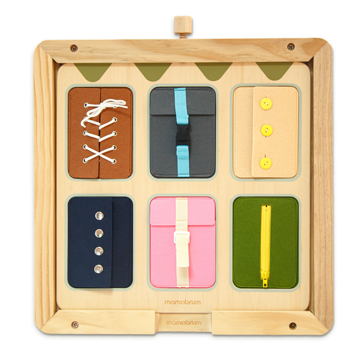 Tablă manipulativă Montessori din lemn – Învățarea senzorială a independenței - șireturi, catarame, nasturi, capse, fermoar