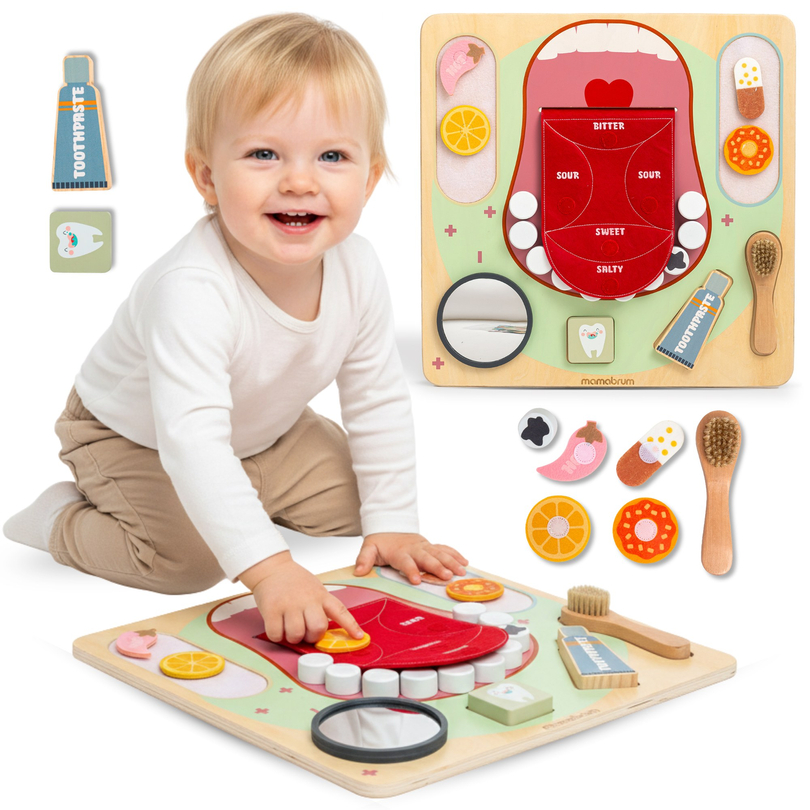 Tablă educațională Montessori din lemn pentru micul dentist - periuță de dinți, pastă de dinți, dinți detașabili, oglindă, mâncare, arome didactice