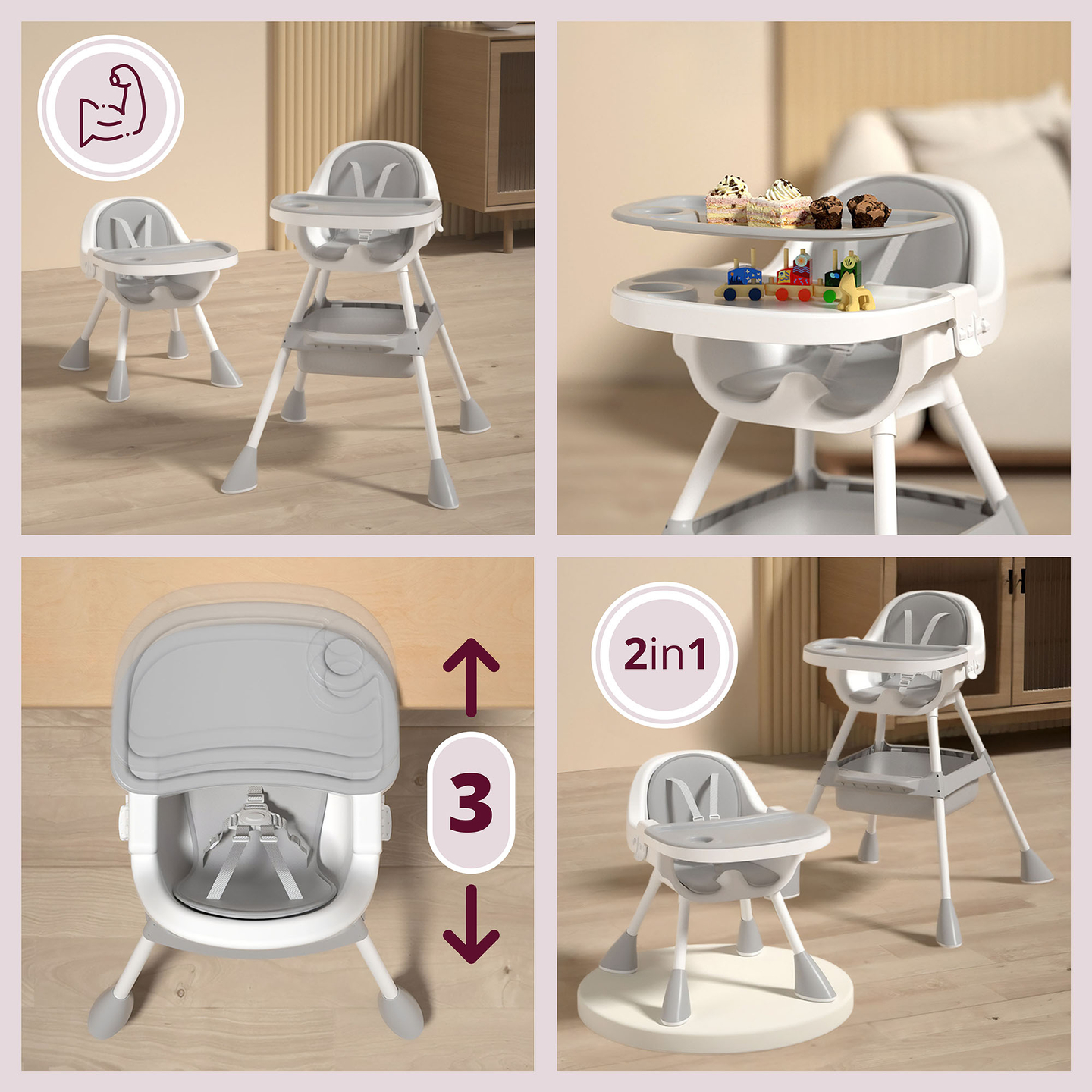 Moby-System Magnolia scaun înalt reglabil 2 în 1 - gri