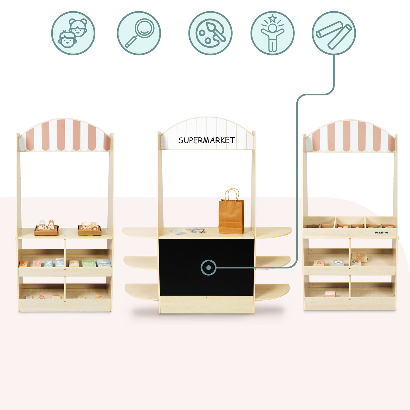 Magazin mare din lemn pentru copii cu tablă - 91 de piese pentru distracție la cumpărături!