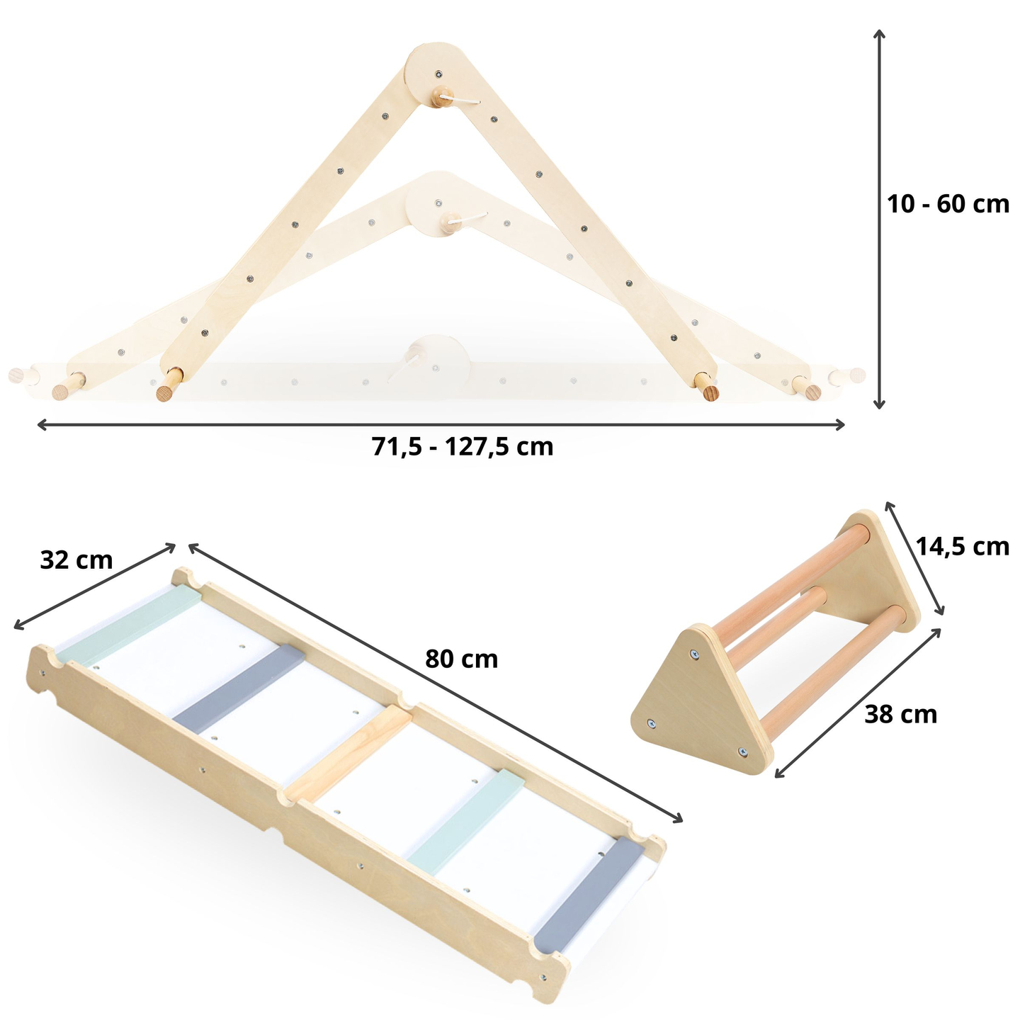 Loc de joacă pentru copii din lemn, făcut în casă - scară + perete de cățărat + bârnă de echilibru - triunghiul lui Pikler