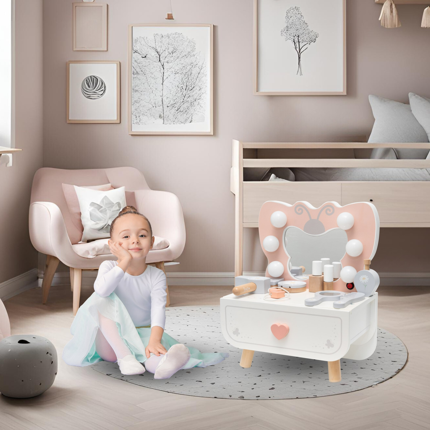 Mini măsuță de toaletă din lemn cu iluminare LED - Butterfly