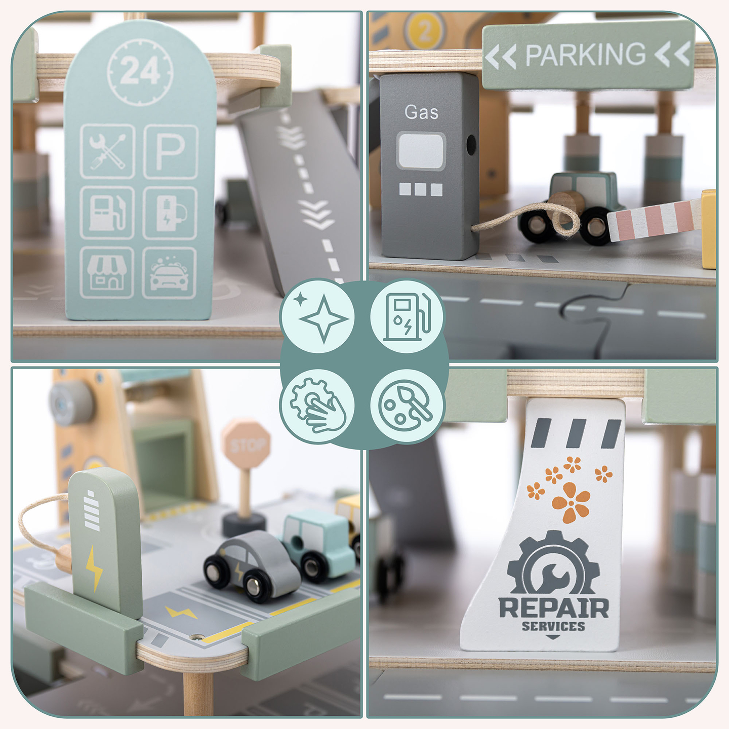 Garaj din lemn, cu trei etaje, pentru copii, cu accesorii - parcare, benzinărie, spălătorie auto, elicopter