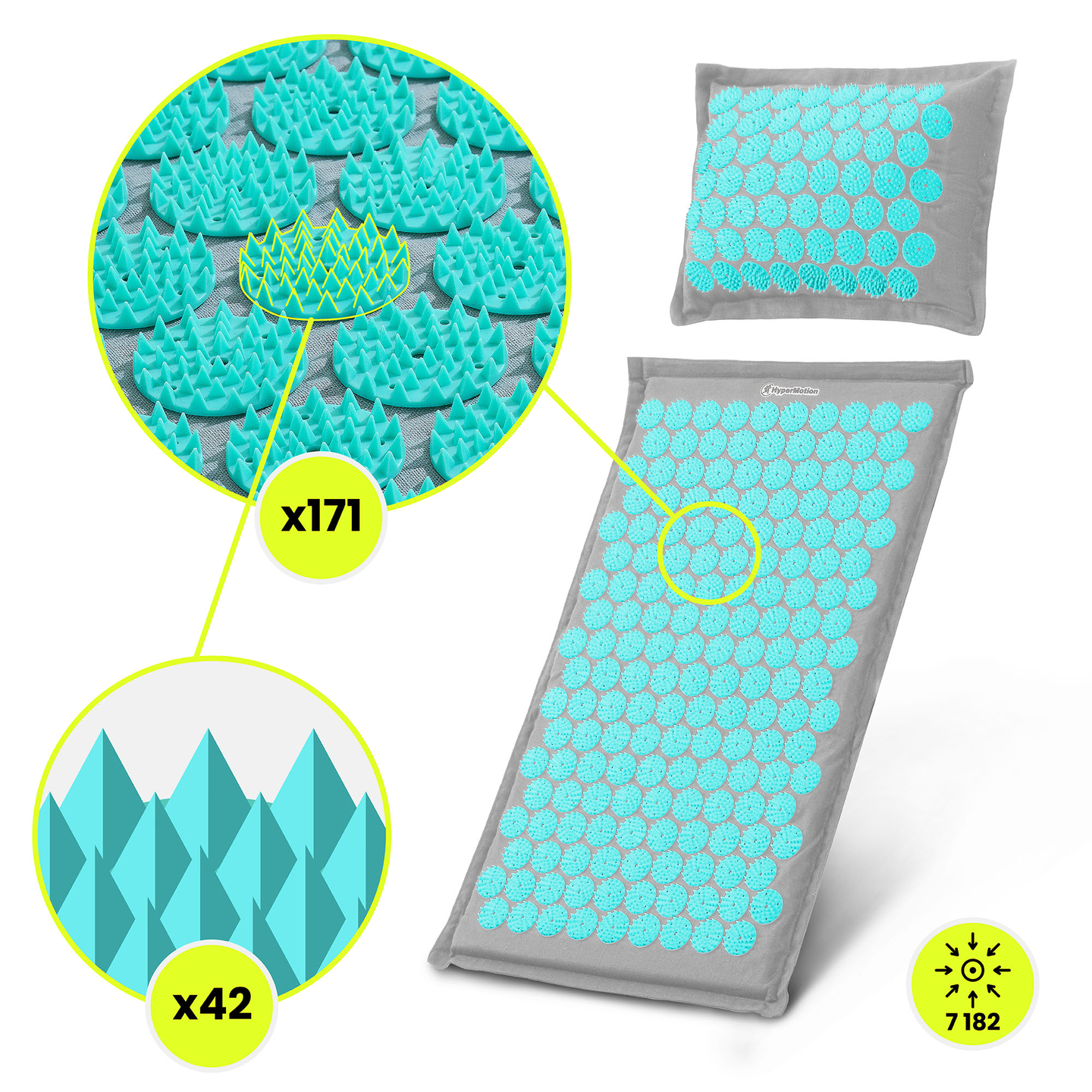 Saltea de presopunctură ECO din in cu fibră de cocos și pernă de hrișcă – 68 cm HyperMotion Gri-Mentă