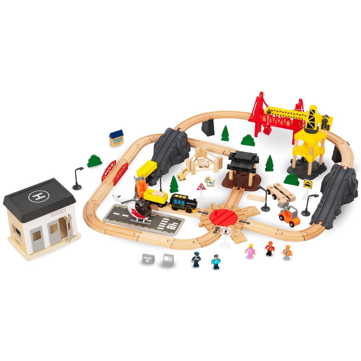 Cale ferată din lemn, tren cu baterii - Oraș: șine, vagoane, pod, aeroport