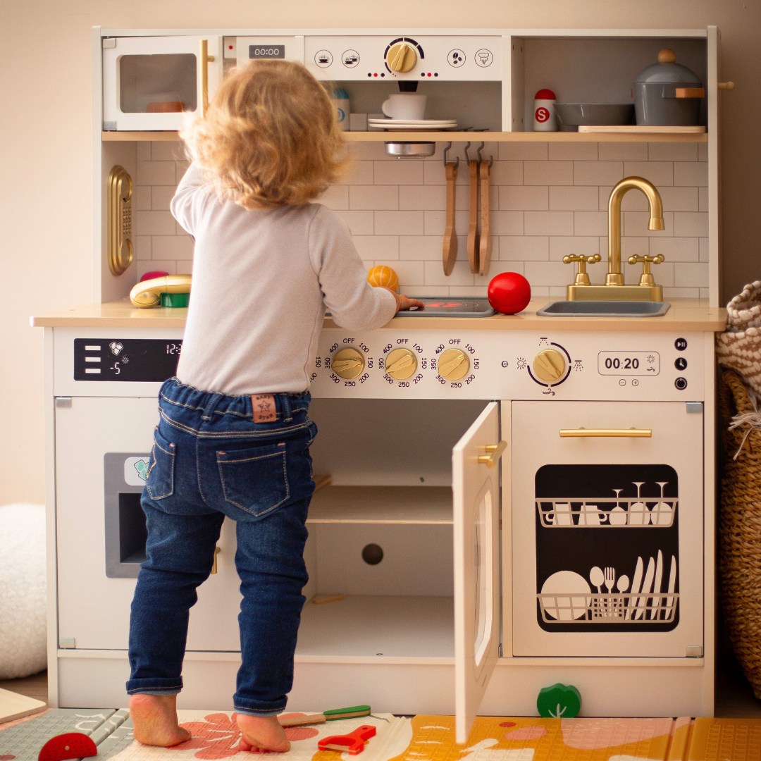 Bucătărie interactivă din lemn XXL cu accesorii și iluminare LED - pe două niveluri