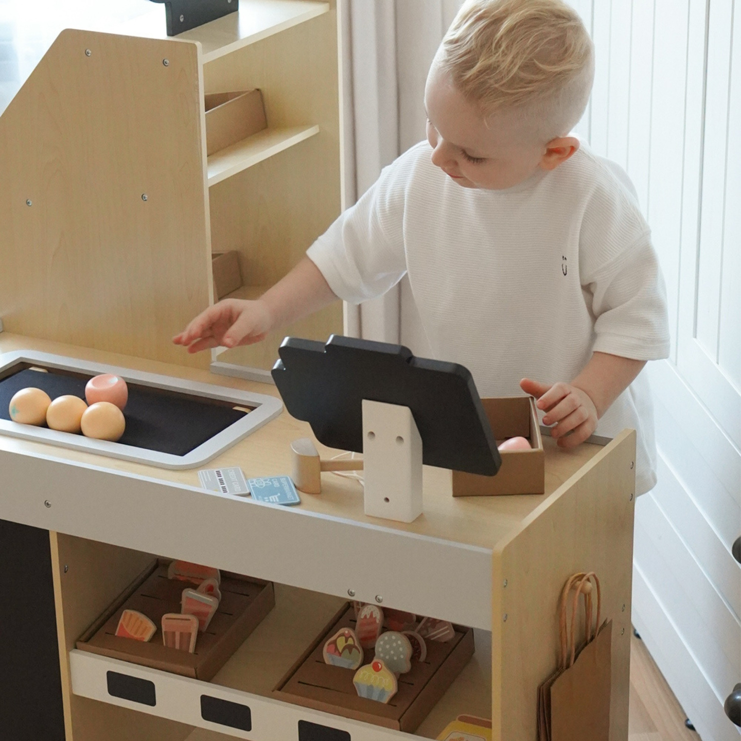 Piață de legume din lemn - tarabă mare XXL, magazin cu casă de marcat