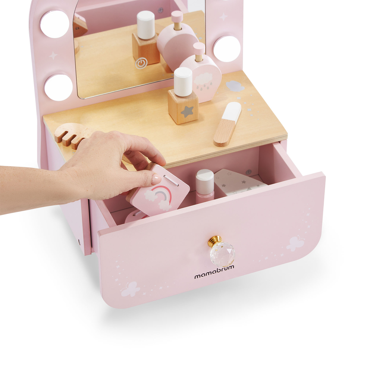 Masă de toaletă mini din lemn pentru copii cu accesorii și iluminare LED cu reglare lină a luminozității