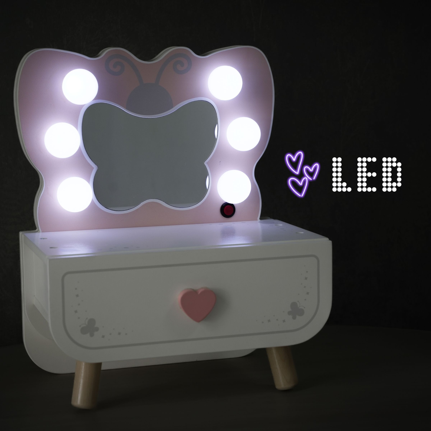 Mini măsuță de toaletă din lemn cu iluminare LED - Butterfly