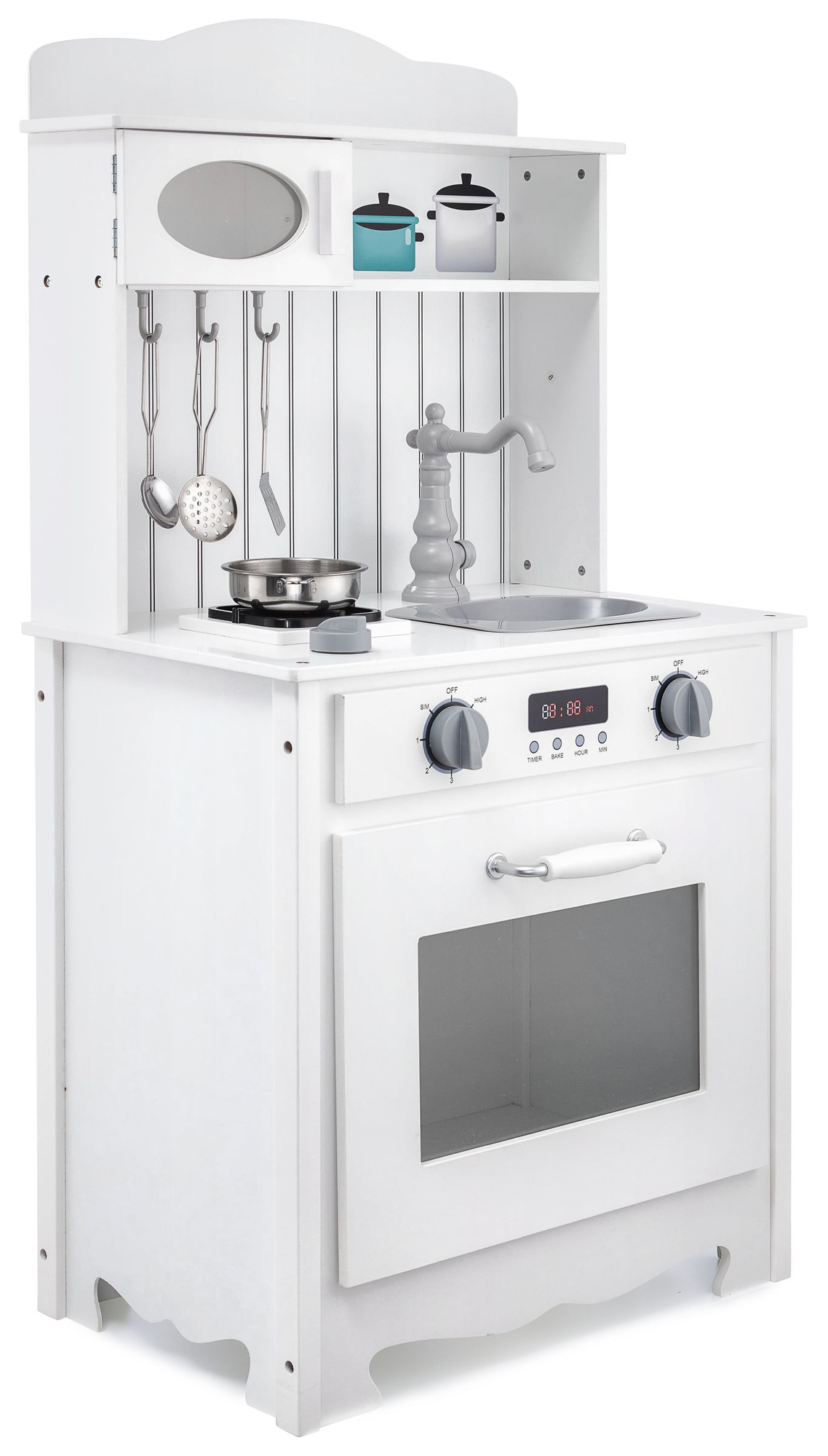 Bucătărie albă din lemn cu șorț, accesorii și lampă LED