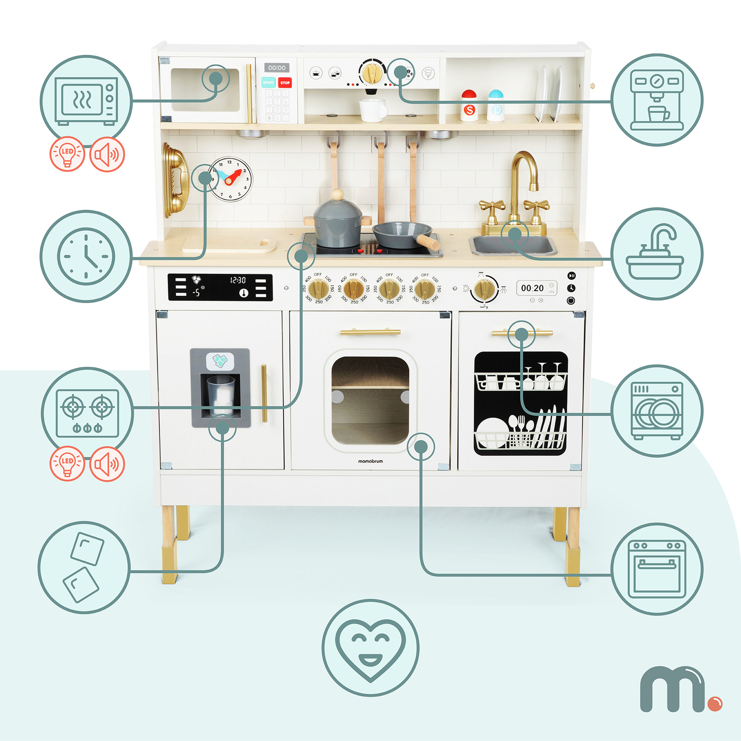 Bucătărie interactivă din lemn XXL cu accesorii și iluminare LED - pe două niveluri