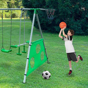 Loc de joaca de gradina XXXL pentru copii cu leagan, tobogan, trapez de gimnastica, coș de baschet și poartă de fotbal