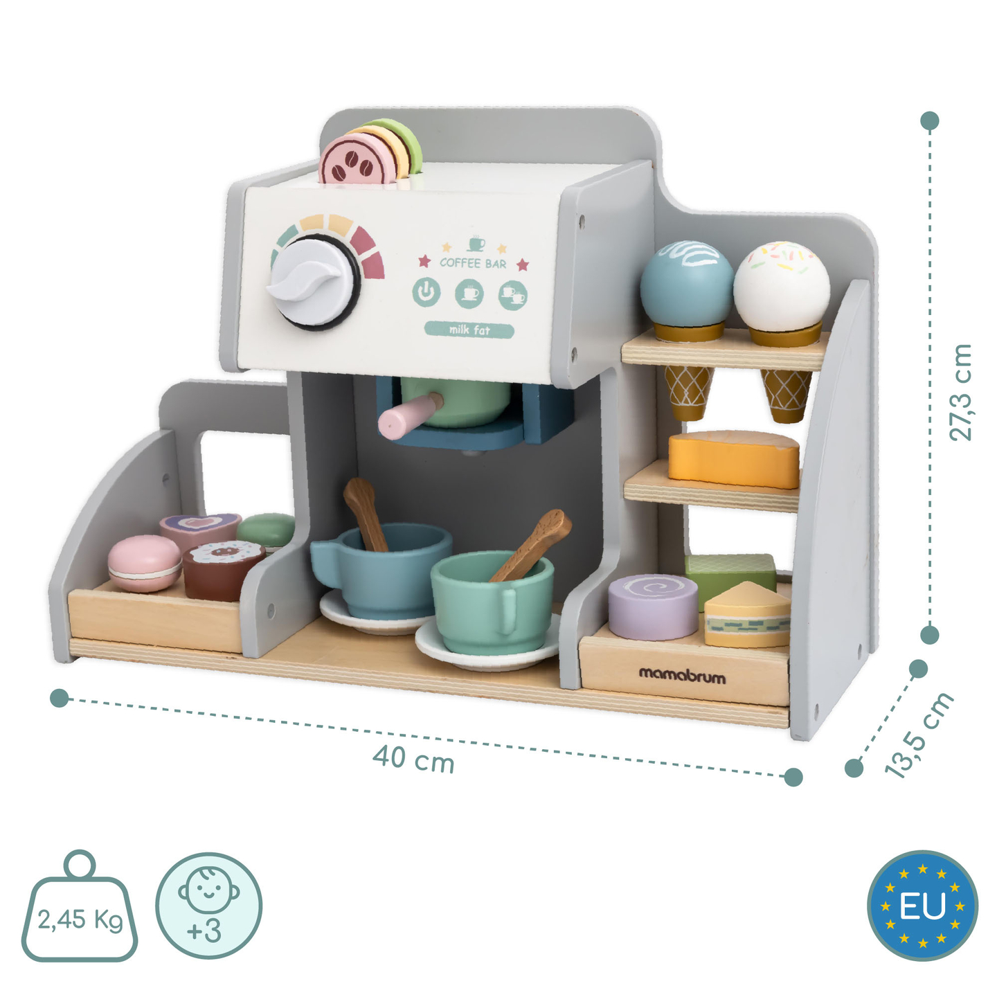 Un salon mare de înghețată din lemn cu tablă magnetică, aparat de cafea și set de înghețată și deserturi - peste 70 de piese!