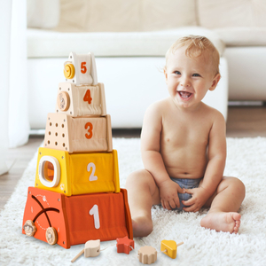 Piramidă educațională Montessori din lemn - sortare de forme, labirint, numere