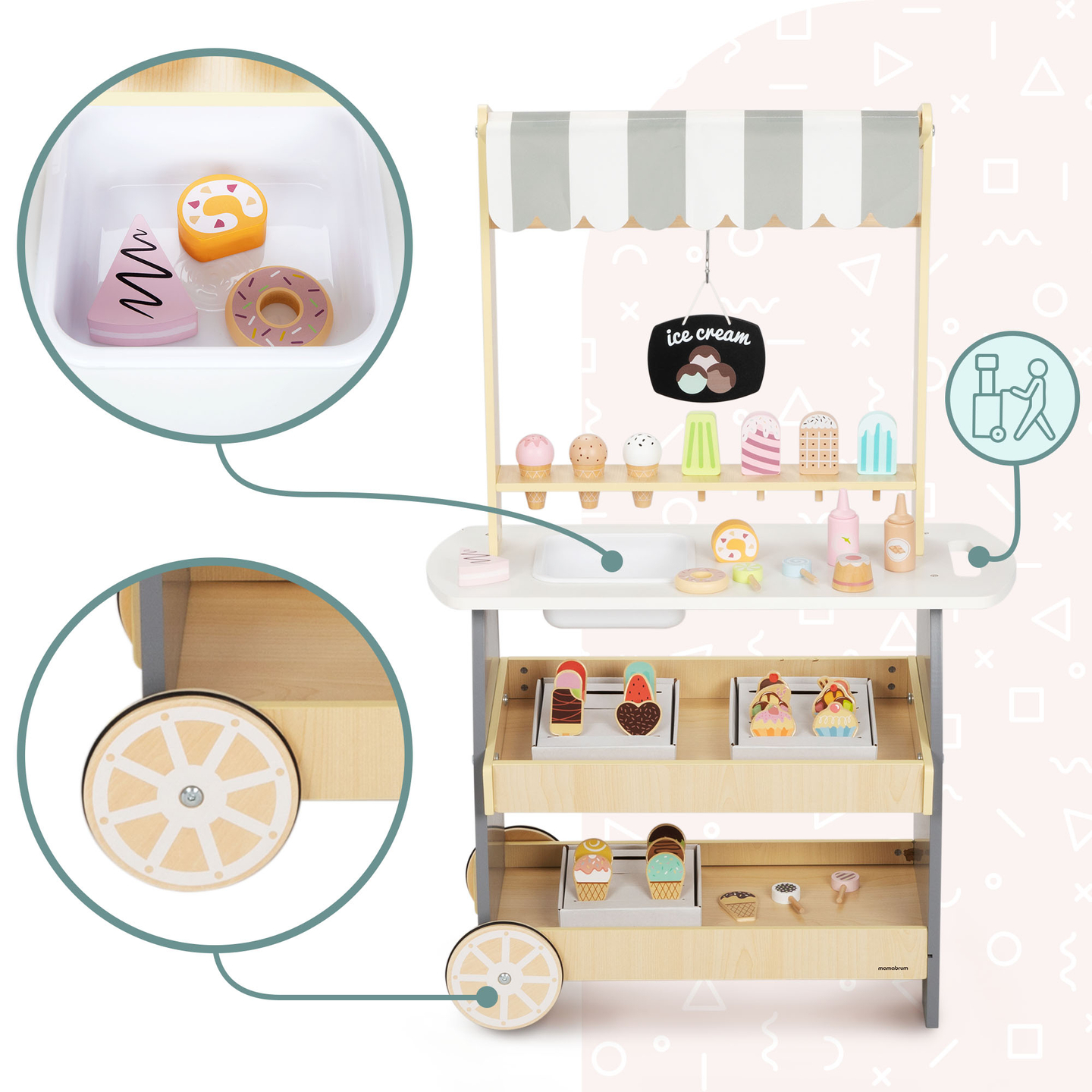 Sală de înghețată din lemn pe roți - cărucior pentru înghețată