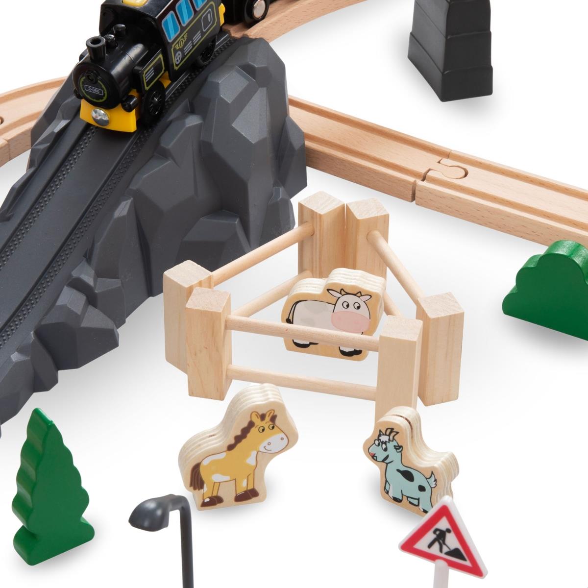 Cale ferată din lemn, tren cu baterii - Oraș: șine, vagoane, pod, aeroport