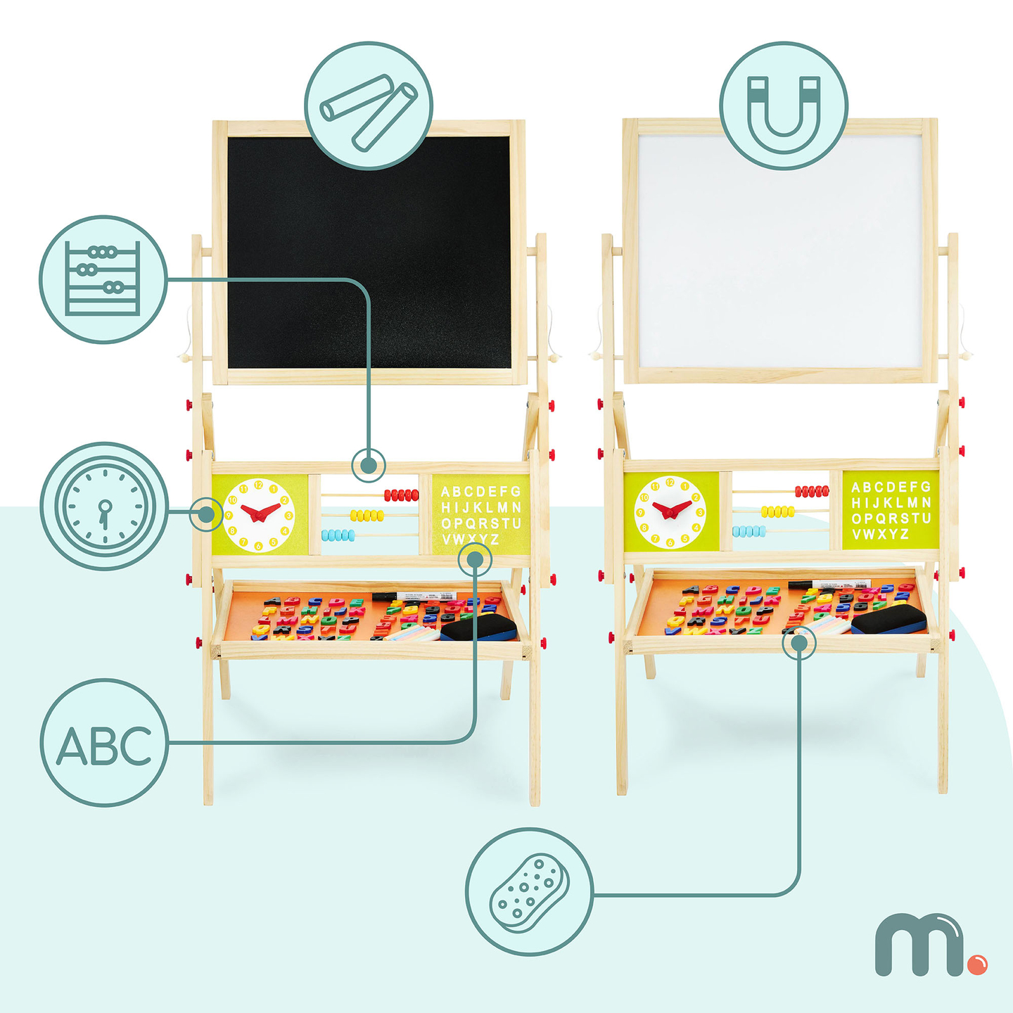 Tablă educațională mare cu două fețe: magnetică și tablă cu cretă - tablă cu ștergere uscată, din lemn